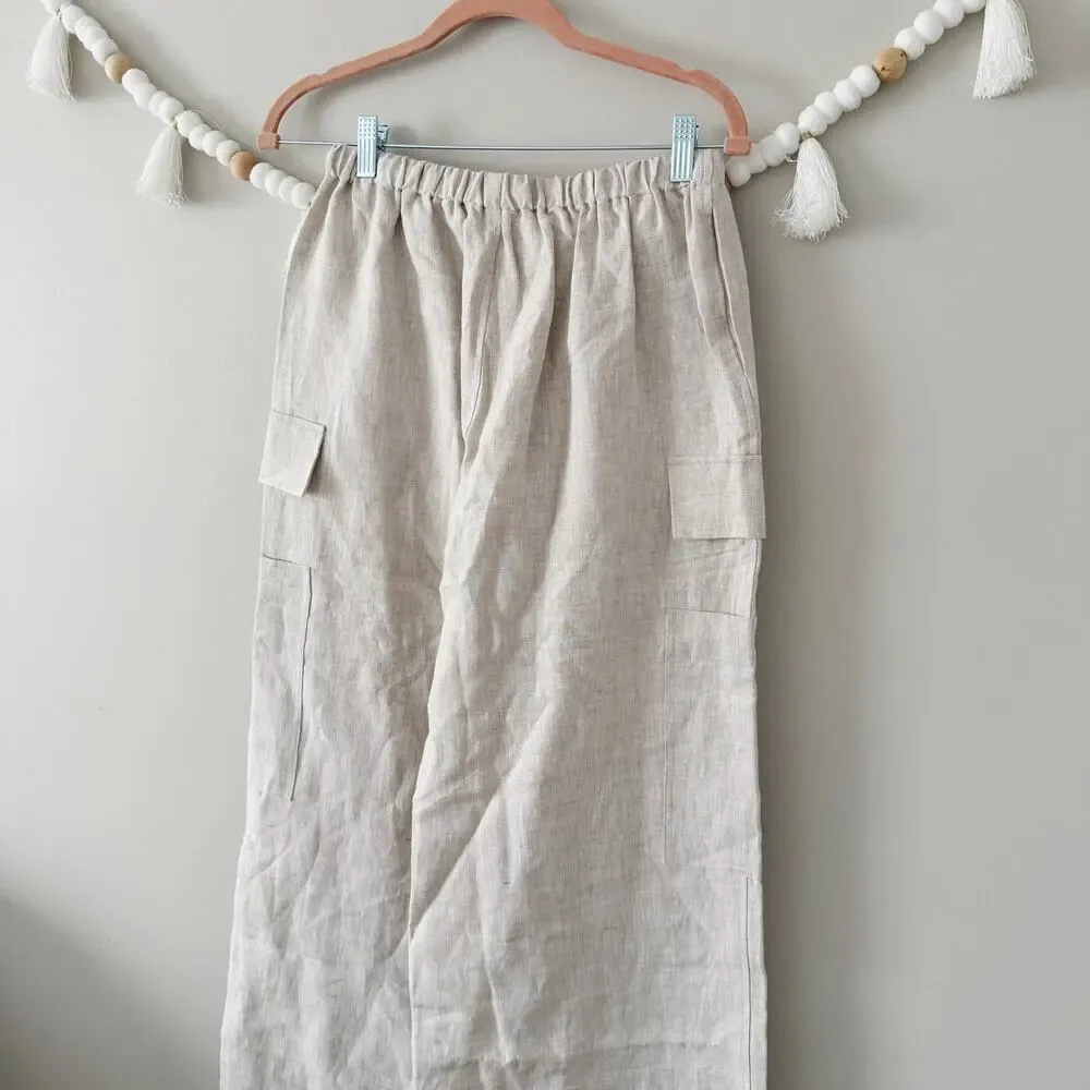 Reformation Linen The Ethan Cargo Pants Beige Drawstring Wide Leg Small